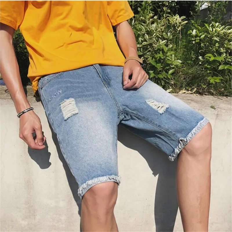 Джинсовые шорты мужские летние личности отверстие джинсовые шорты 28-34 модные простые мужские свободные удобные повседневные Пять джинсовые шорты