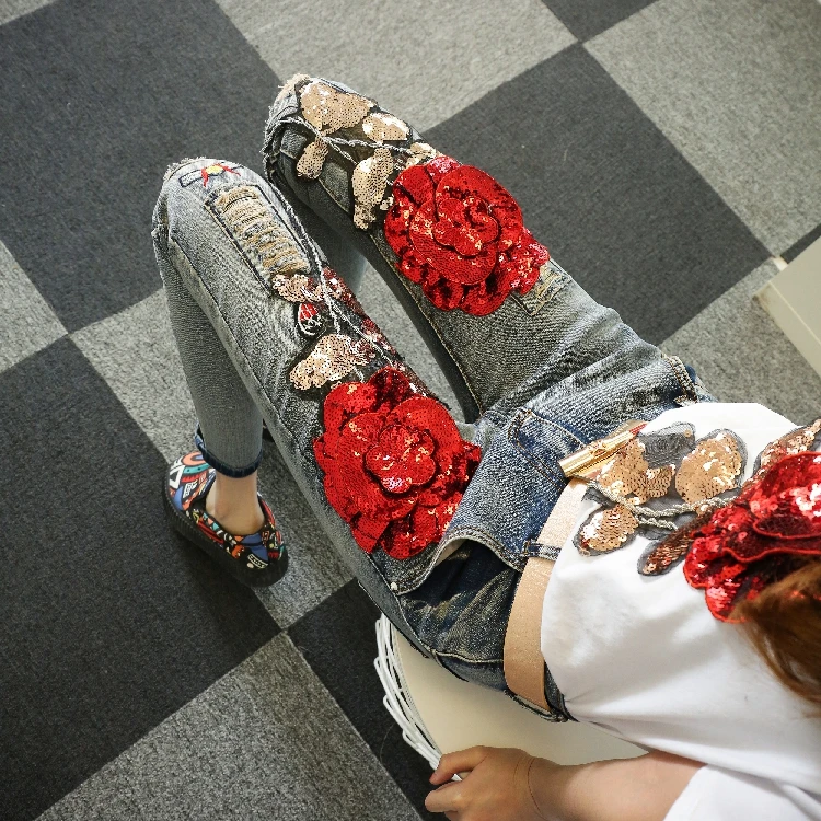 

European Style 2019 Spring Autumn Women's Jeans Set Ladies Red Rose Sequins Worn Show Thin Trousers Jeans Girl Student White T