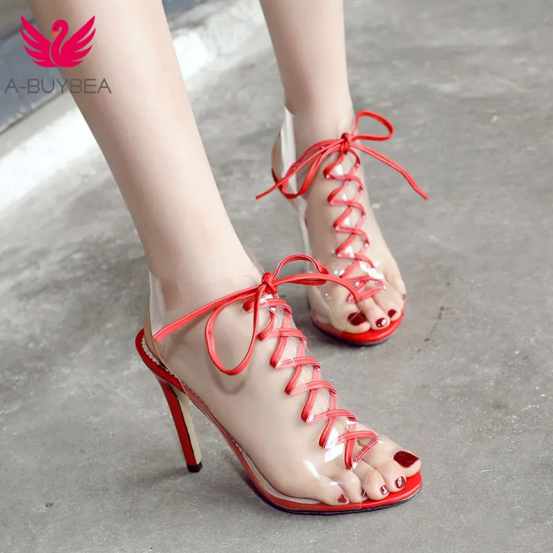 

Sexy Stiletto High heels PVC Clear Women Pumps Transparent Sandal Lace-Up Ankle Summer Sandals Peep Toe Shoes Woman Plus Size 43