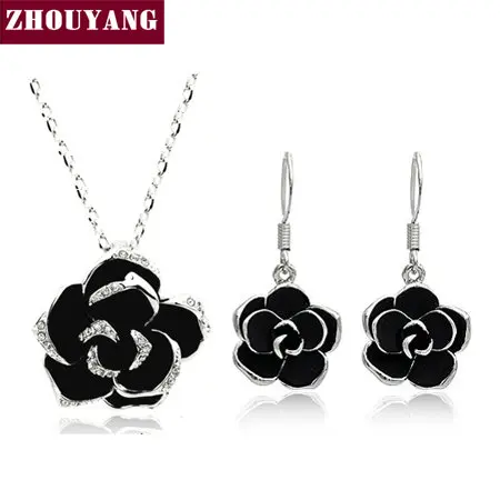 

ZHOUYANG Top Quality ZYS055 Black Rose Silver Color Jewelry Necklace Earring Set Rhinestone Made with Austrian Crystals