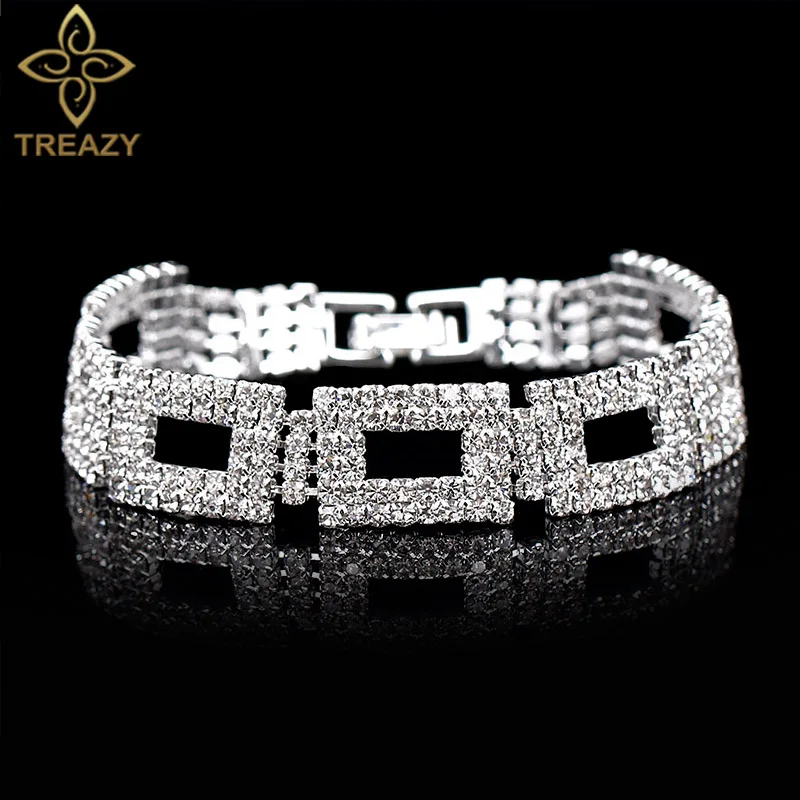 TREAZY серебро Цвет Украшенные стразами Браслеты для Для женщин Шарм полые Геометрические Ссылку Браслеты и браслеты свадебные украшения