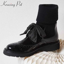 Krazing pot/ г.; Зимние ботильоны из натуральной кожи в европейском стиле на среднем каблуке с круглым носком; модные эластичные вязаные ботильоны; l98