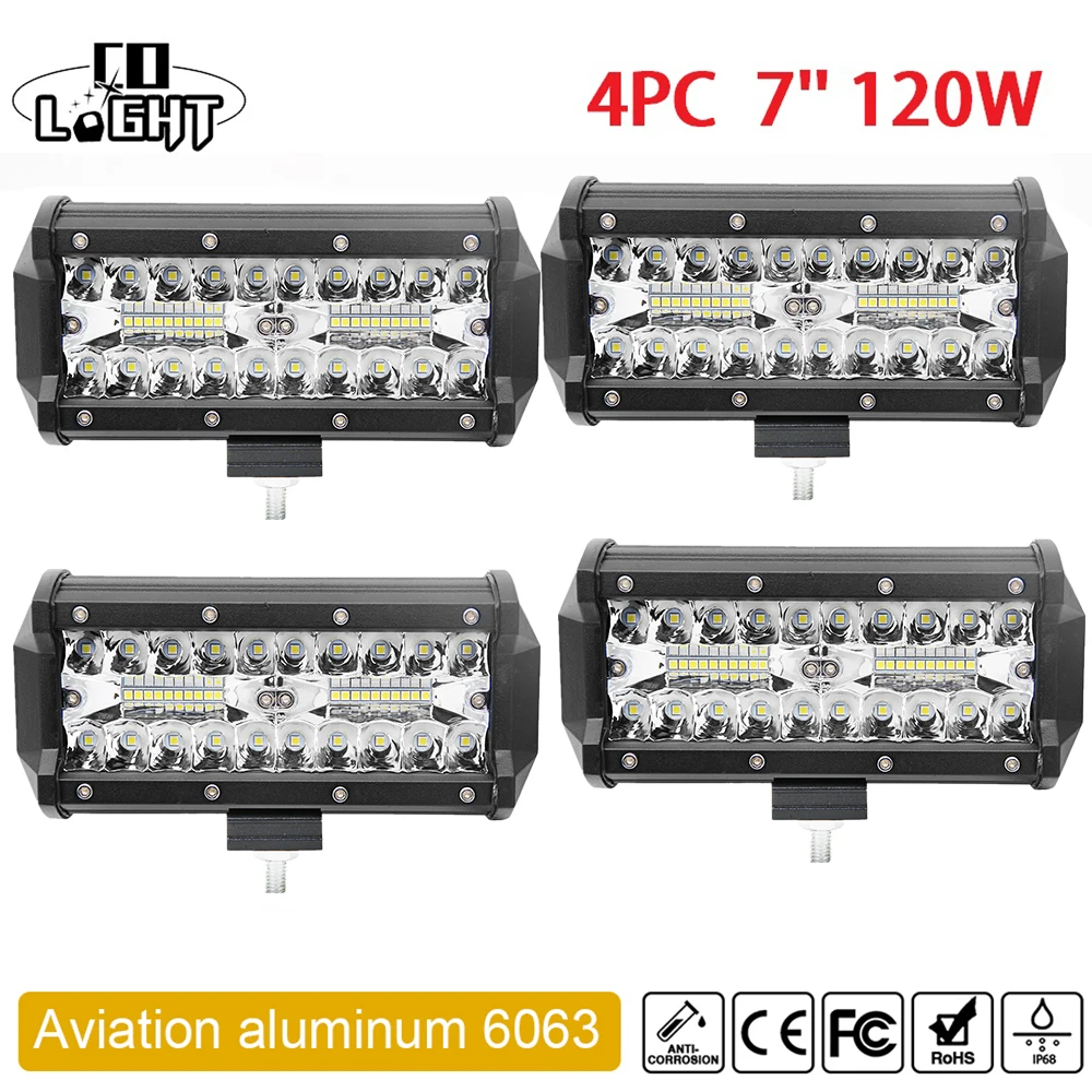 

CO LIGHT 1 Set/4PCS 7'' Led Work Light Bar 120W Led Driving Spot Flood Combo 12V 24V for Tractor Trailer Utv Light Suv Offroad