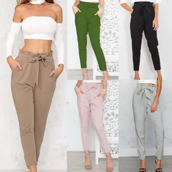 

New Women High Waist Lace Up Solid Color Bandage Fahshion Pants Ladies Casual Ladies Long Pencil Pant Trousers
