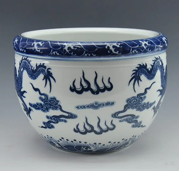Китайский античный репродукция синий и белый фарфор керамическая рыбка чаша цветочный горшок с Цин QianLong Mark