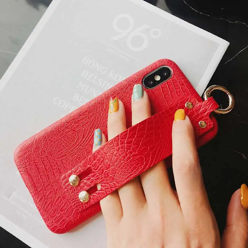 Wrist Strap red Ремешок на запястье чехол для телефона для iphone Xs Max X XR держатель чехол для iphone 7 8 6 6s plus роскошный крокодиловый узор мягкий чехол - Цвет: Wrist Strap red