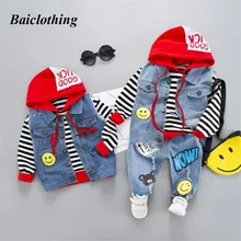 Детский Костюм Весенний комплект одежды для мальчиков и девочек, новинка года, модный свитер в полоску с капюшоном джинсовый жилет, джинсовые штаны комплект из 3 предметов, От 2 до 6 лет