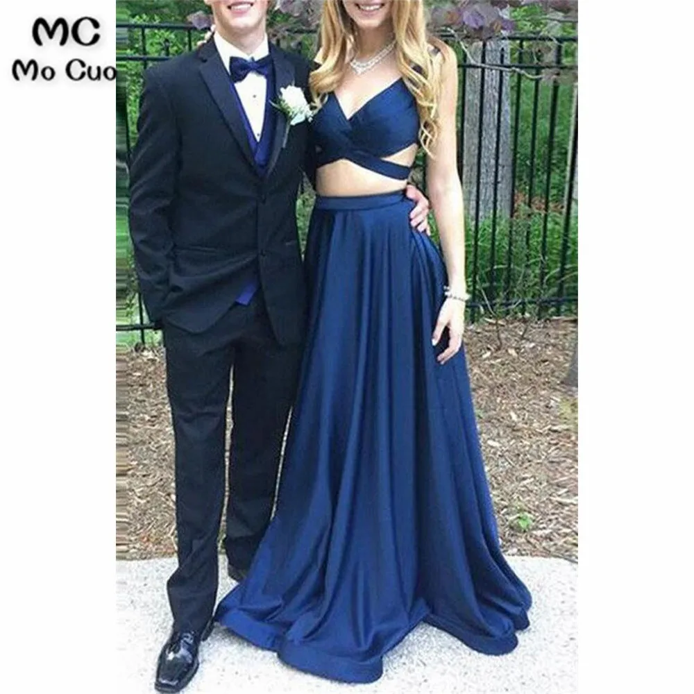 

Navy Dark Blue Evening Dresses Long Two Pieces Gown Straps V-Neck Satin Formal Evening Party Dress for Women Custom Made