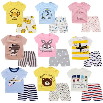 

Spring and Autumn Boys and Girls Baby Autumn Trousers Children's Cotton Underwear Set Short Sleeve Round Collar Home Service