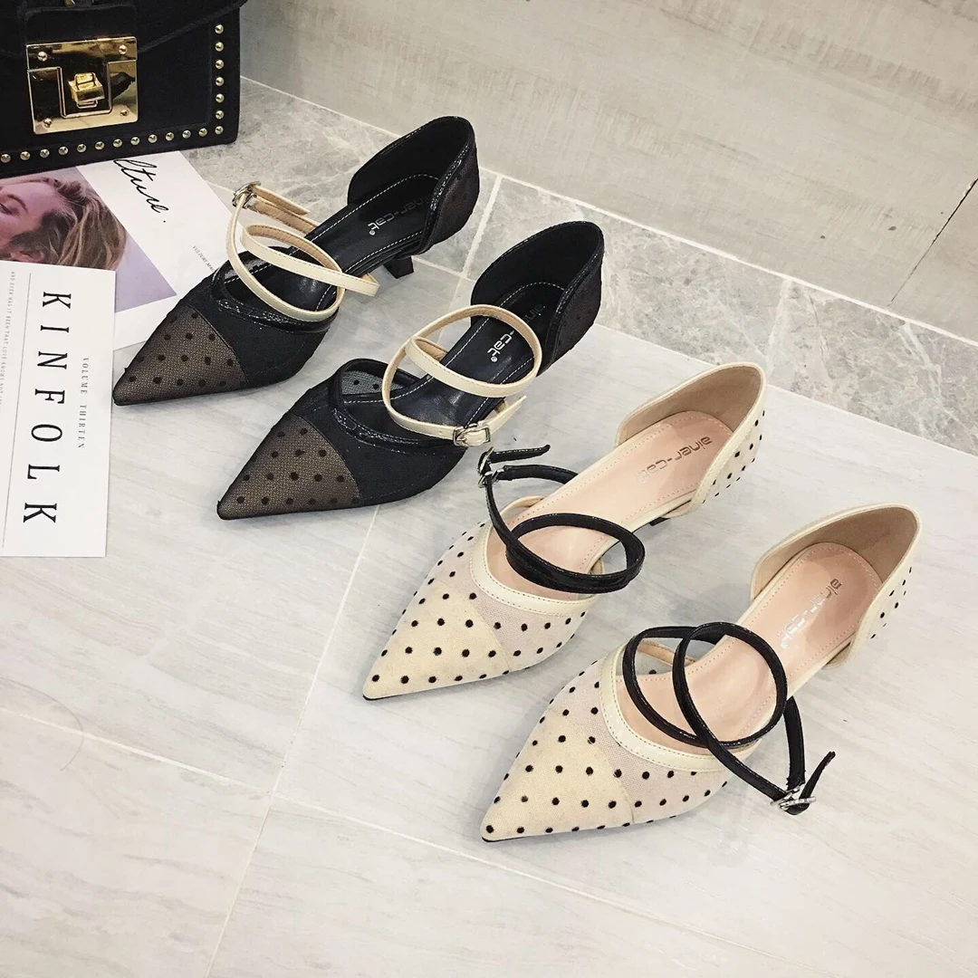 

New Autumn Mesh Air Dots Pointed Toe Thin High Heels Pumps Shoes Woman 5CM Mid Heel Sandals Cross-Tied Wave Wedding Shoes 5CM