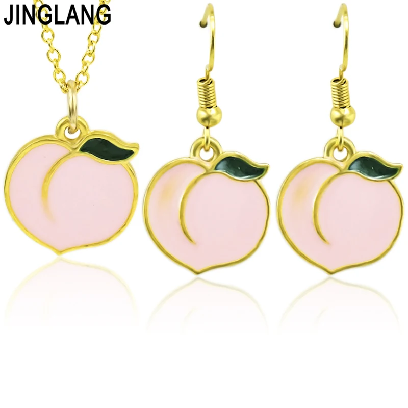 

JINGLANG Fashion Elegant suit(necklace +earring) Drip peach necklace temperament fruit pendant Jewelry