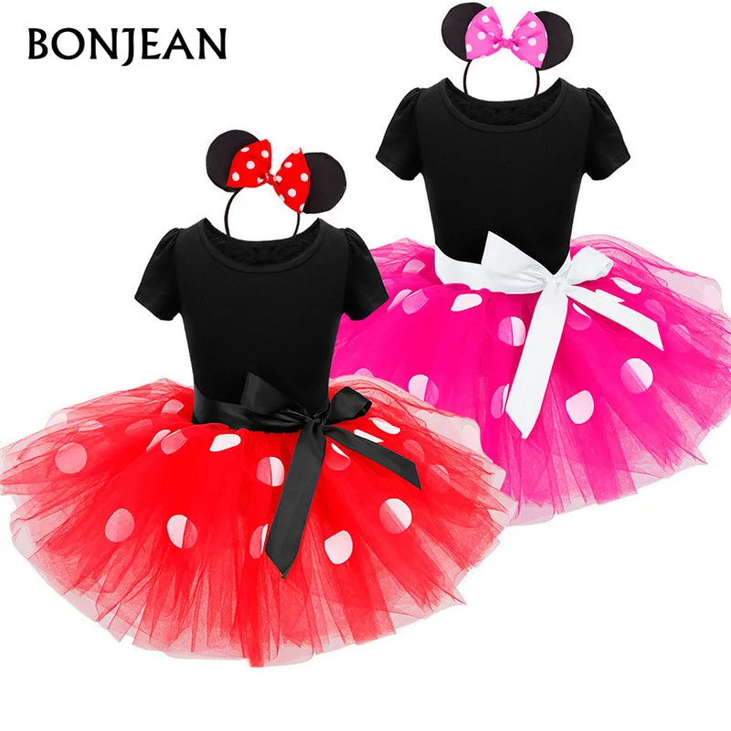 

2017 New Kids Gift Minnie Mouse Party Dress Fancy Costume Cosplay Girls Minnie Dress+Headband Infant Baby Clothes Red 2-7Y
