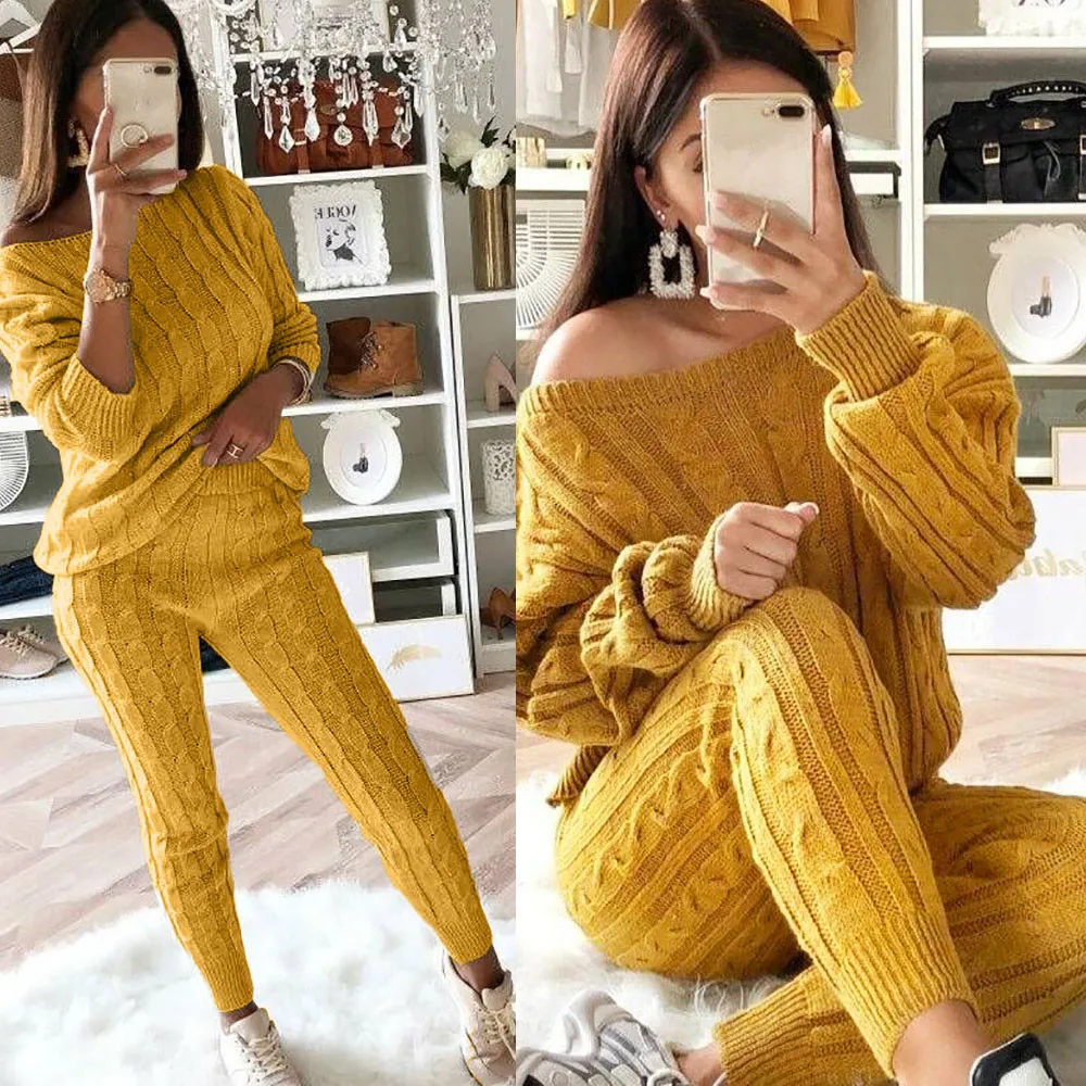 S-3XL Two piece set women's off-the-shoulder solid color suit sweater 2PC cable knit warm casual wear suit