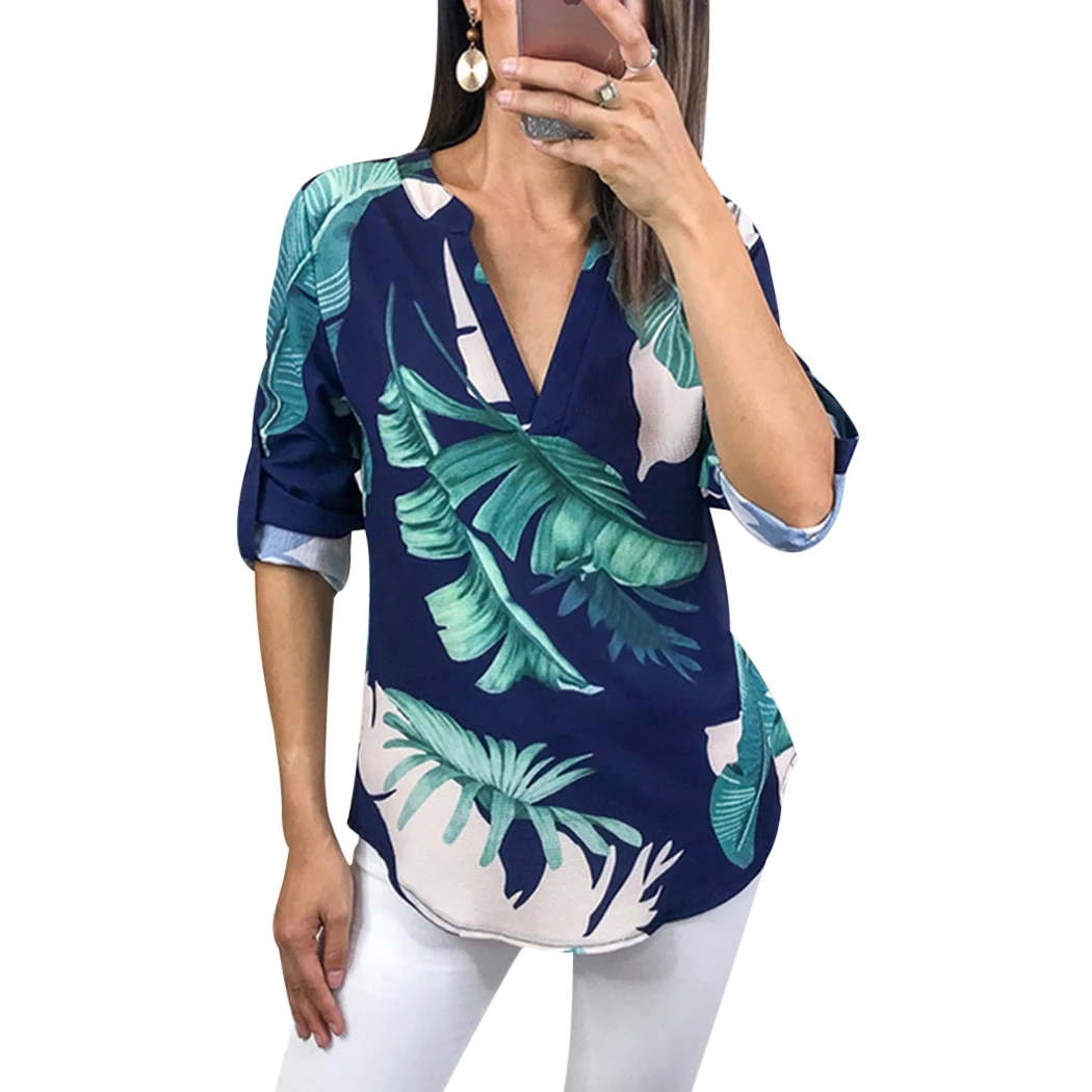 Цветочный лист Отпечатано Для женщин блузка v-образным вырезом Половина рукава свободные летние топы 2018 Повседневное нерегулярные офисная