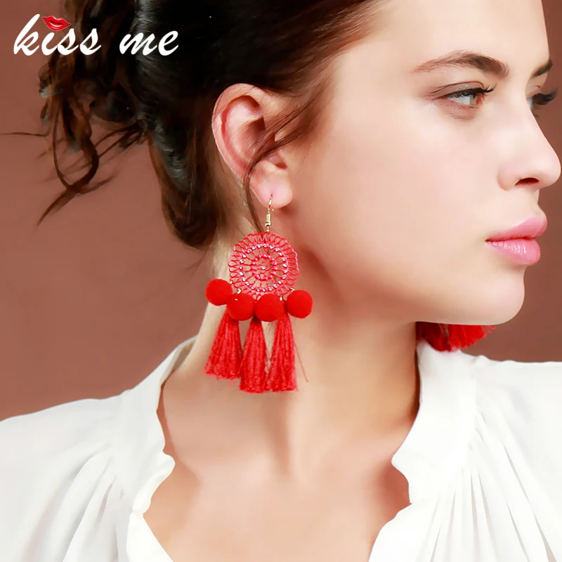 Женские богемные серьги KISS ME большие капельки с цветком и помпоном этнические