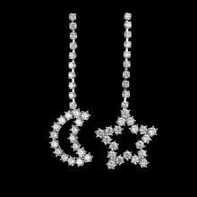 White Gold Color Mismatched Star Moon With Chain CZ Cubic Zirconia Drop Earrings For Women Party Top Quality Pendientes E-137 gold color with star hotpink butterfly star drop earrings