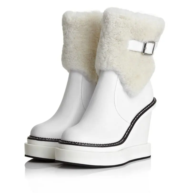 Женские кроссовки; зимние ботинки из натуральной кожи на танкетке и высоком каблуке; теплые зимние ботинки с круглым носком на толстой подошве; повседневная обувь - Цвет: white1