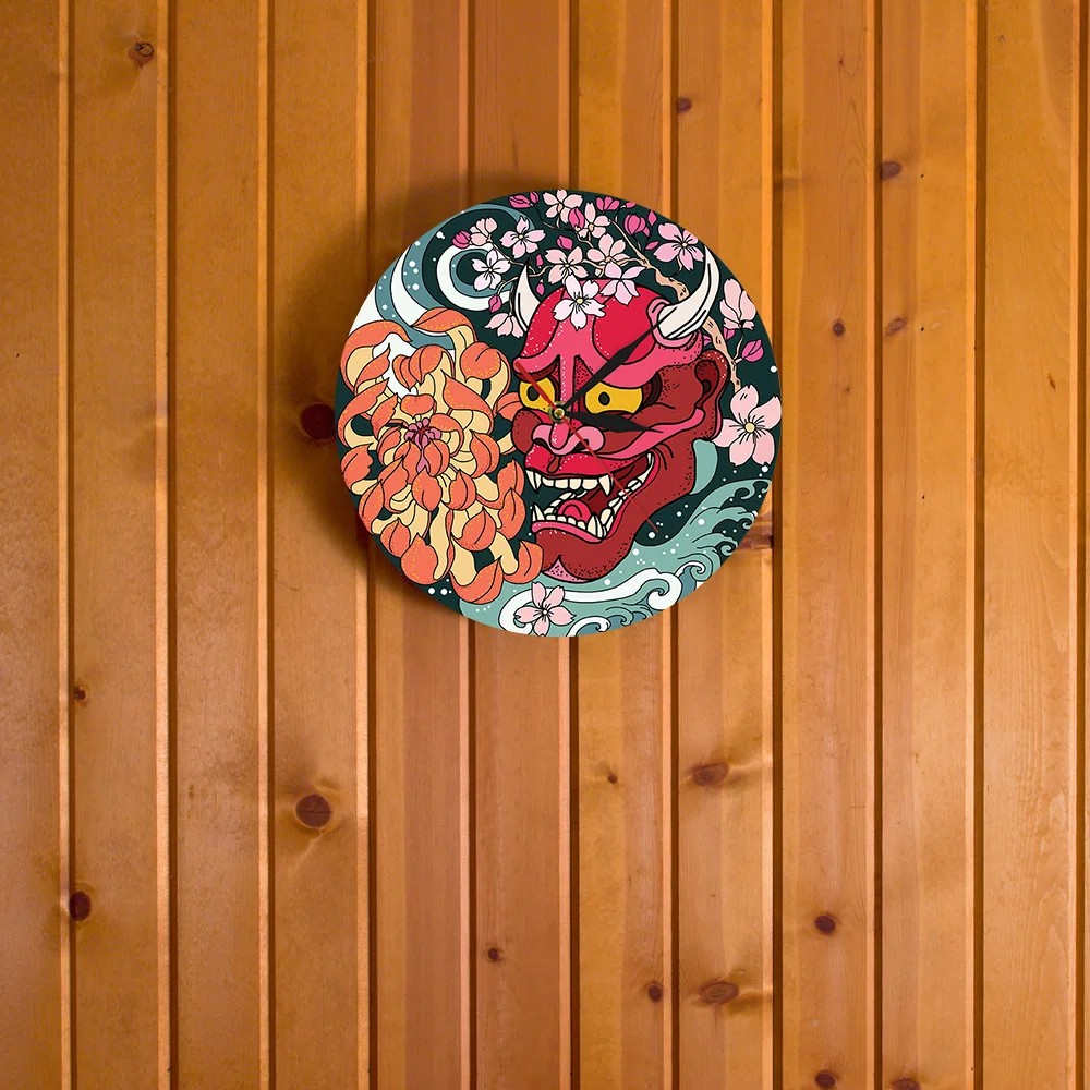 Готический красный Oni маска демона настенные часы японский сакура цветы, пионы на стены искусства Япония подстежка на искусственном меху, злой красный смерти домашний декор часы
