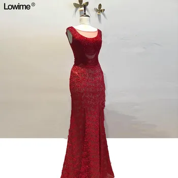 

Red Pearls Lace Formal Evening Dresses Women Mermaid Scoop Cap Sleeve Prom Dresses Long 2019 African vestidos