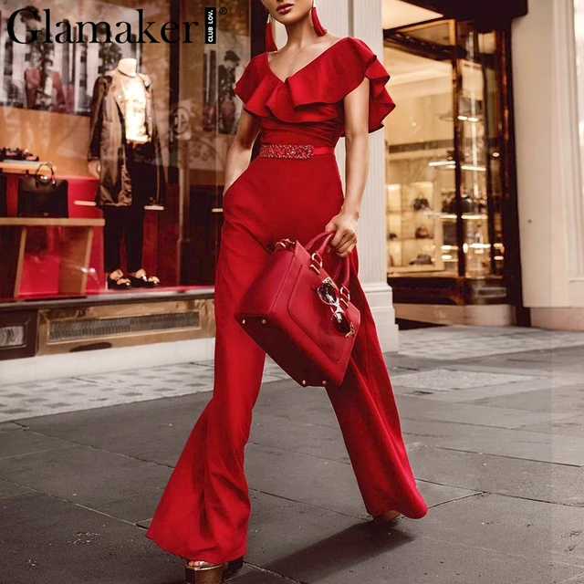 Glamaker Elegant ruffle summer jumpsuit Women sexy off shoulder belt jumpsuit overalls Streetwear wide leg jumpsuits rompers 90s