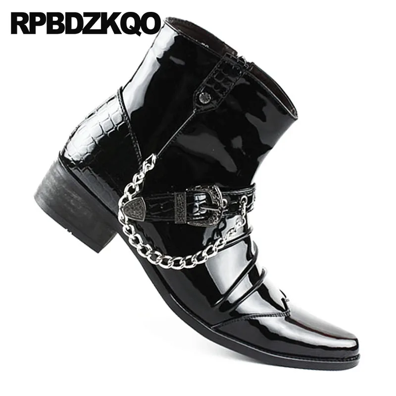 Rivet Punk Snakeskin Mens Black Patent Leather Boots Rock Booties Pointed Toe Fall Shoes Stud British Style Metalic Chunky Ankle