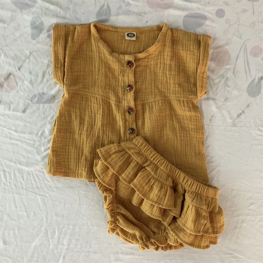 Летние льняные топы для новорожденных девочек, Короткие штаны с оборками, одежда, комплекты одежды для детей, roupas menina - Цвет: Цвет: желтый