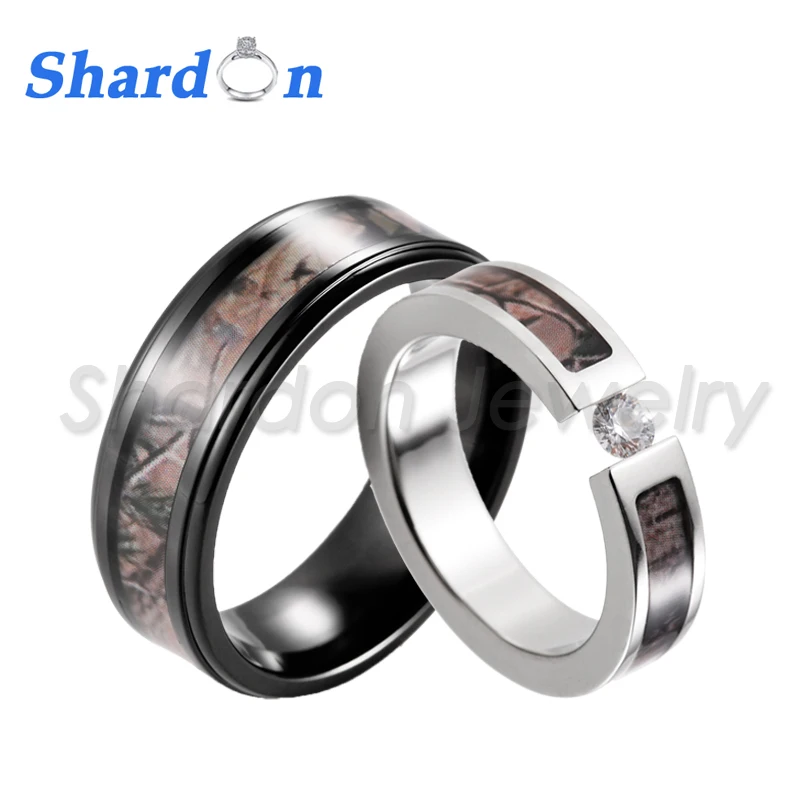 

Couple's Realtree Camo Engagement Wedding Ring Set Titanium Tension Setting CZ Engagement Ring with Black Wedding Band-2pcs