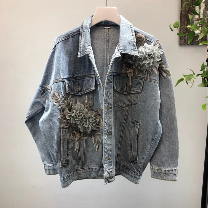 Cakucool, новинка, тяжелое джинсовое пальто с бисером и цветочным принтом, женские корейские джинсовые куртки с кисточками и стерео вышивкой, свободные джинсовые куртки с рукавами «летучая мышь», базовое пальто для студентов