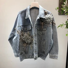 Cakucool, новинка, тяжелое джинсовое пальто с бисером и цветочным принтом, женские корейские джинсовые куртки с кисточками и стерео вышивкой, свободные джинсовые куртки с рукавами «летучая мышь», базовое пальто для студентов