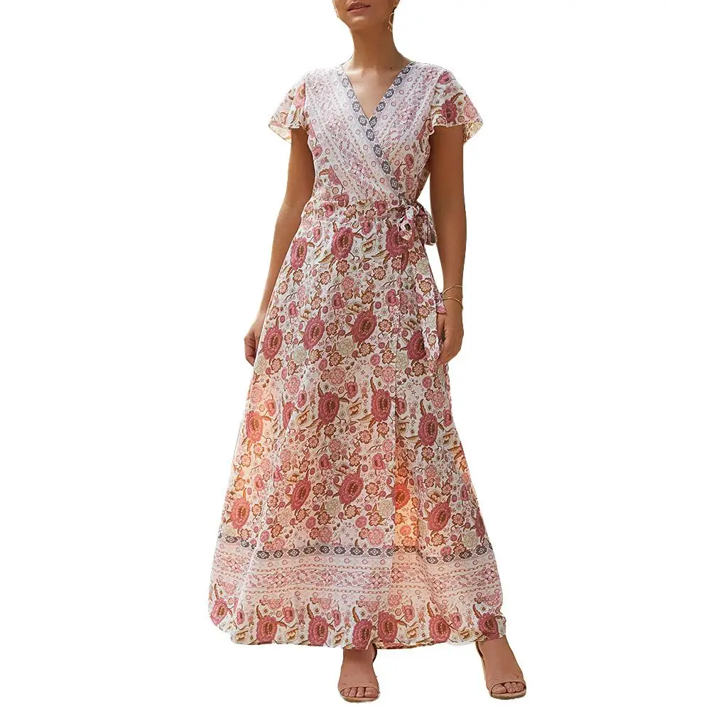 

Fashion Summer Lady Holiday Beach Party Vintage Flower Printed Boho High Waist V-neck Bow Belted Slit Sexy Women Long Maxi Dress