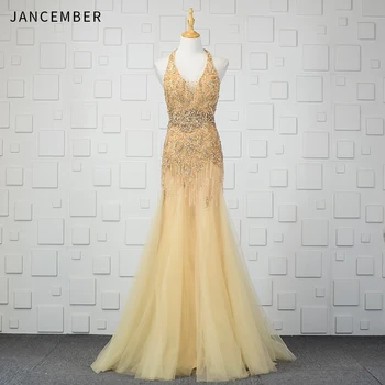 

JANCEMBER Luxury robes de soirée femme Beading Crystal Sequined Sleeveless Backless Halter Mermaid New robe soiree femme longue