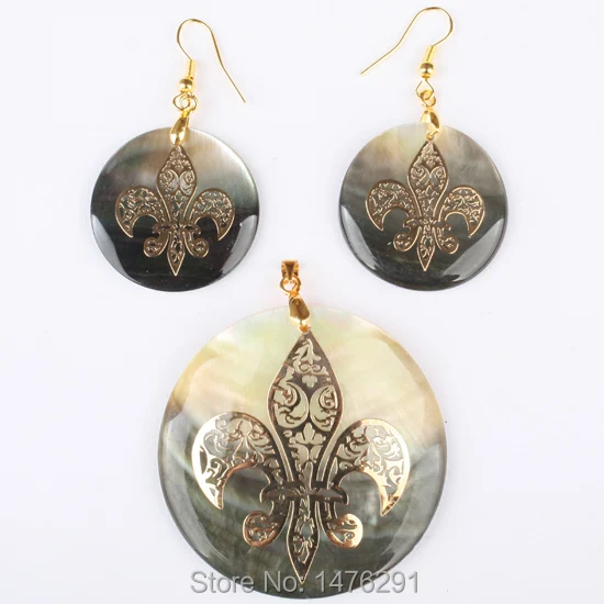 

New! Round Wafer abalone shell Gold pattern Pendant & Earrings 1 Set Free Shipping!