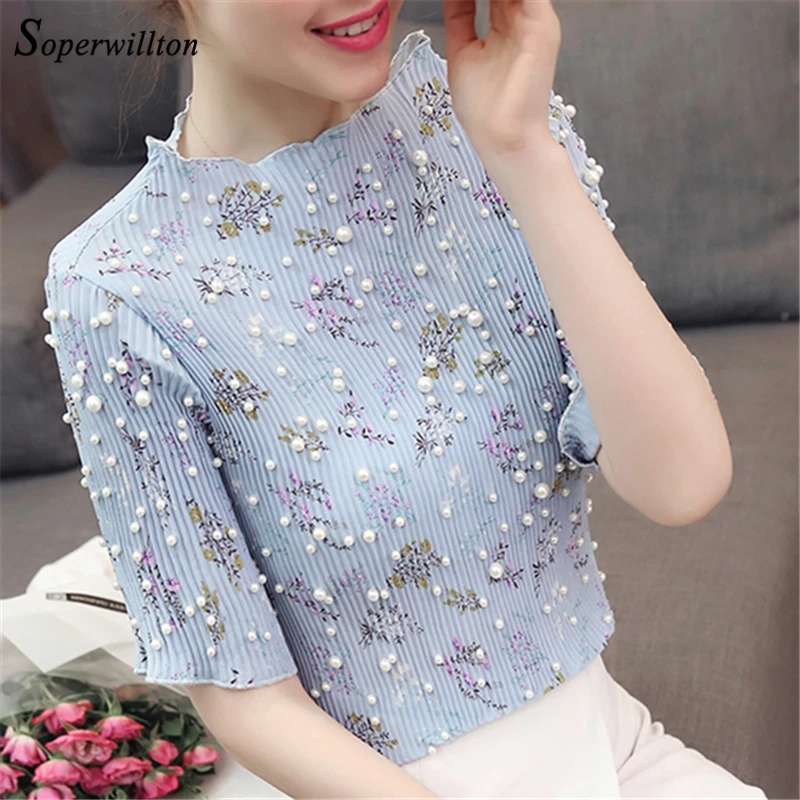 

Ruffle Chiffon Office Lady Blouse Elegant Ladies Tops Slim Flower beading Blouses 2019 Summer Casual Female Blouses Blue Black