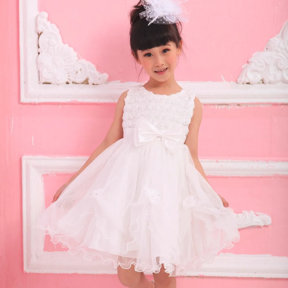 

Summer Girl Dress White Flower Bow Lace Party Wedding Pageant Bridesmaid Princess Child/Kids Clothes Size 2-10
