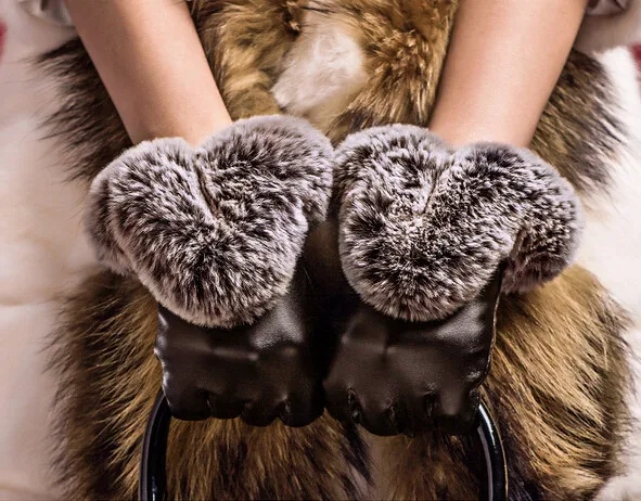 Новое поступление, теплые зимние перчатки, элегантные женские перчатки, повседневные перчатки с кроличьим мехом на запястье, мягкие перчатки из искусственной кожи с мехом, перчатки на палец