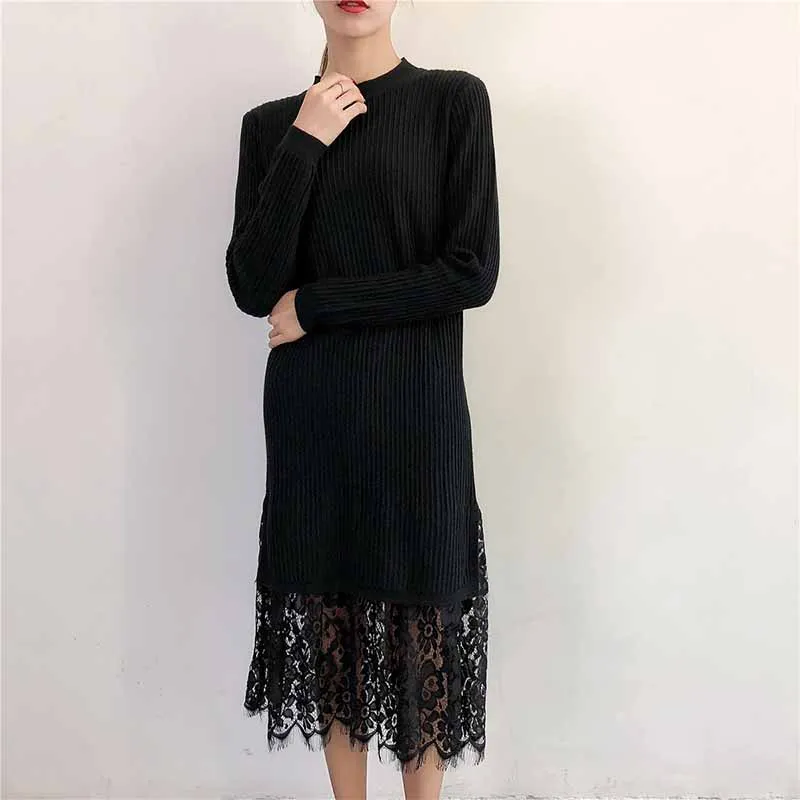 

Dresses Lace Loose Long Sweater Dress Women Winter Autumn 2018 Long Sleeve Knitting Tricot White Black Purple Sexy Knitted Dress