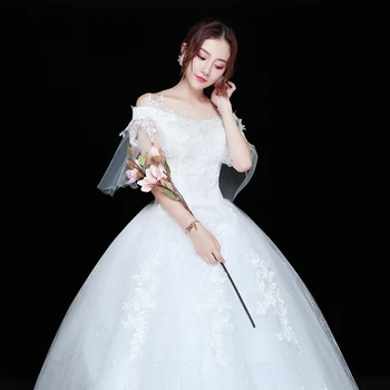 

White Lace Appliques Ball Gown Cheap Wedding Dresses Off The Shoulder Short Sleeves Bridal Dresses Wedding Gowns