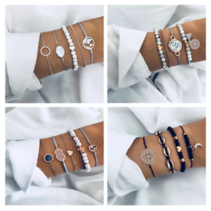 

Bohemian Silver Color Heart Earth Map Beads Charm Bracelets For Women Boho Oval Stone Infinite Chain Bracelets & Bangles Jewelry