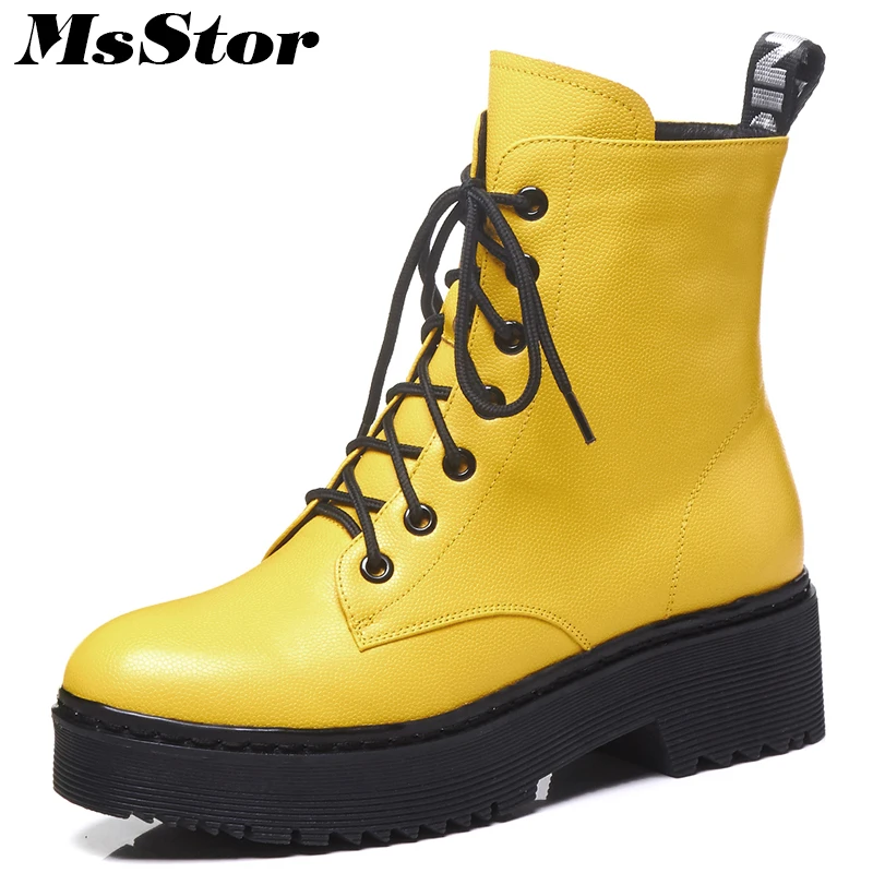 

MsStor Women Boots Fashion Round Toe Square heel Ankle Boots Women Winter Shoes Med Heel Lace Up Short Plush Boot Shoes For Girl