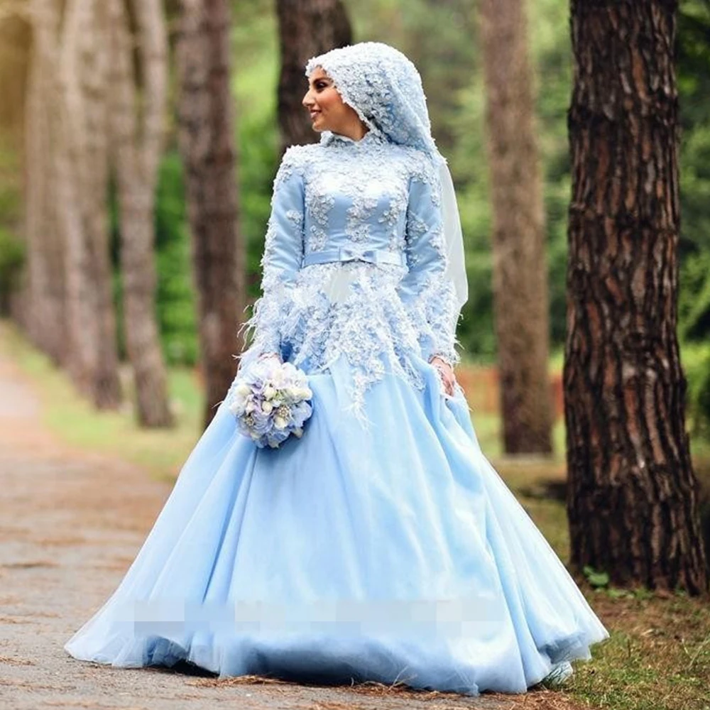 

Custom Made Muslim Wedding Dresses With Picture Veil 2019 Vestido De Novia Appliques Flowers Feathers Bow China Bridal Gowns