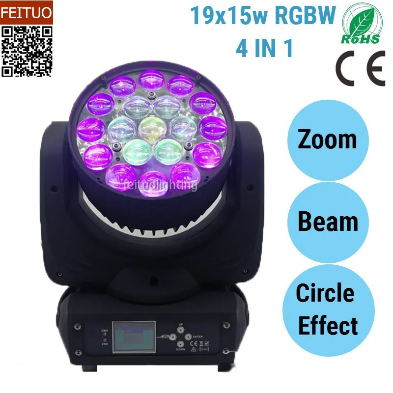

2018 Stage LED Wash Zoom Moving Head Light 19x15w 4IN1 RGBW Beam Party DJ Light DMX Powercon Disco Event Wedding Lighting