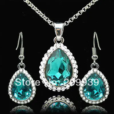 

huij 002275 Wonderful Lady's Set Blue Faceted Crystal Pendant Necklace Earring