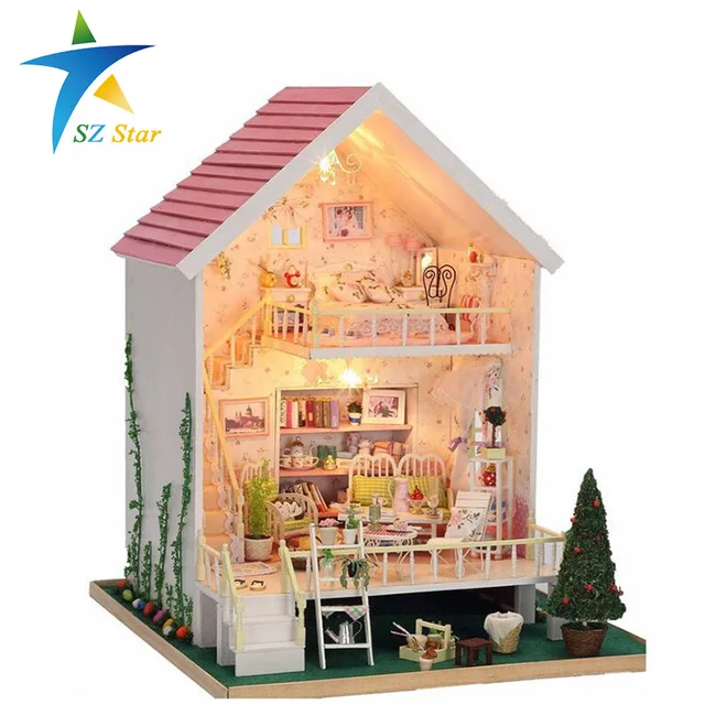 Manual pink wood small doll house kids toy dollhouses with light 28*29
