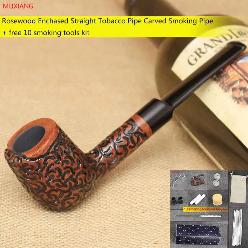 

MUXIANG 10 Smoking Tools Kit kevazingo wood Enchased Straight Smoking Pipe for Men Tobacco Pipe Fit 9mm Carbon Filter ad0047