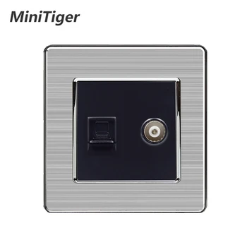 

Minitiger 2Gang RJ45 Internet Data Computer Jack CAT5E Connector With Female TV Outlet Stainless Steel Brushed Panel Wall Socket