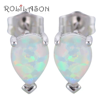 

ROLILASON High Quality Hot Sell White Fire Opal Silver Charming Stud Earrings Fashion Opal Jewelry OES633 for Women