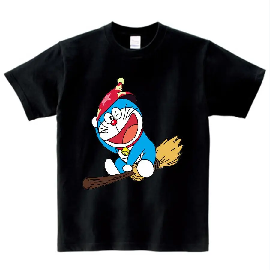 Футболка с мультипликацией Doraemon футболка Лето Дети О образным вырезом короткий рукав футболки для девочек/мальчиков Милая NN - Цвет: black childreT-shirt