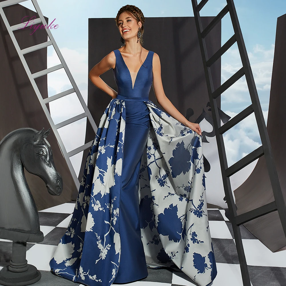 

Liyuke Luxury Evening Dress Stain Detechable Train Skirt With Floral Print Beading Sashes Customized Floor-length