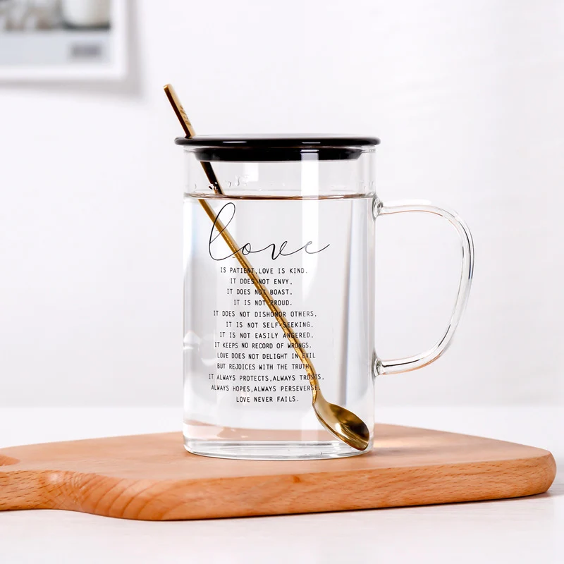 

Single-layer printed glass mug with lid metal spoon,Milk Juice Lemon cup Home Office Drinkware heat-resistant glass coffee cup