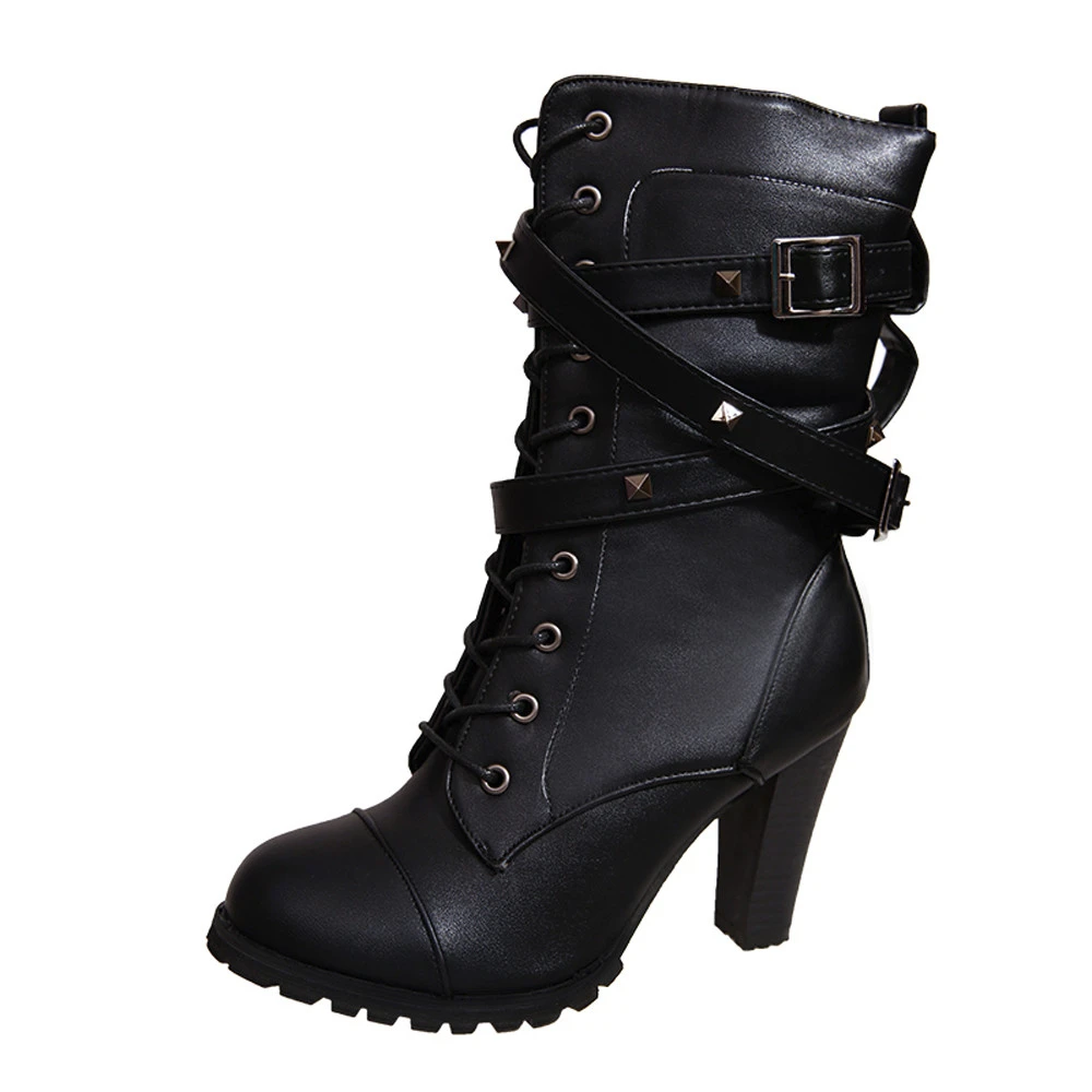 Women Buckle Ladies Belt  Faux Warm Boots Ankle Boots High Heels Martin Shoes (1)